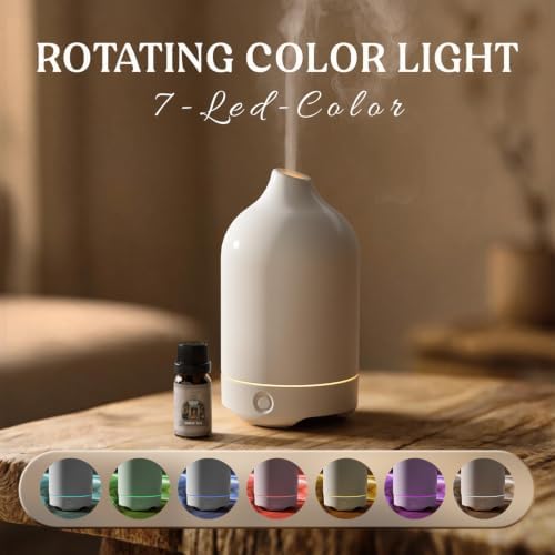 Essential Oil Diffuser, Ceramic Oil Diffuser, 120ML Scent Diffuser for Home, Ultrasonic Aromatherapy Diffuser, Cool Mist Humidifier with 7 Led Light, Auto Shut-Off, White - Image 3