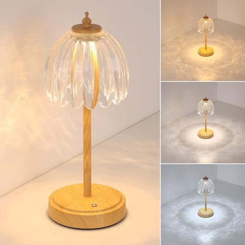 Shenmoyl Tulip Table Lamp with 5200mAh Battery & Touch Control, Small Cordless Table Lamp with 3 Colors, Rechargeable Battery Operated Table Lamps for Bedroom, Desk, Bedside (Transparent-Beech Color) by Shenmoyl