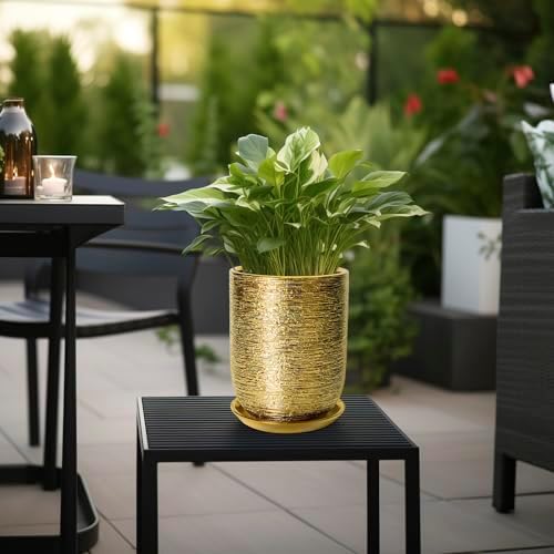 Indoor Plant Pot 8 Inch - Ceramic Planter for Indoor Outdoor Flowers, Round Modern Flower Pot with Drainage Hole and Saucer, Gifts for Plants Lovers, Garden Room Decor, Gold - Image 5