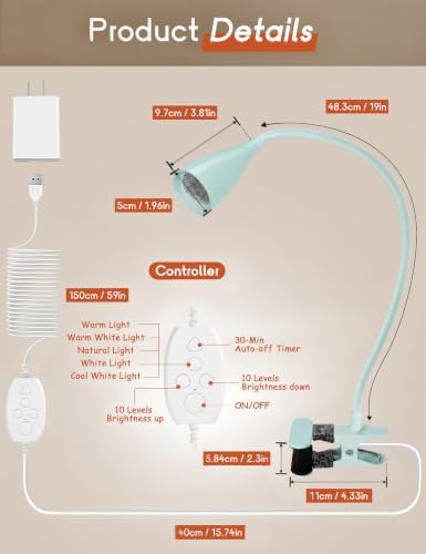 Reading Light for Book in Bed,Clip on Light Reading Lamp with Adapter Teal - Image 6
