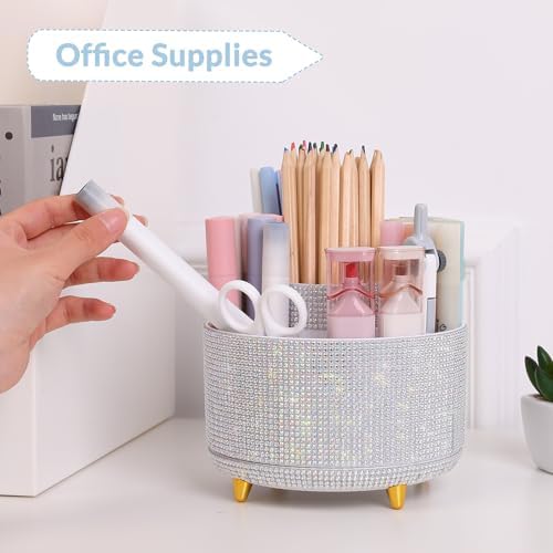 SKYDUE 360 Degree Rotating Desk Organizer, Shining Dual-Purpose Rhinestone Pencil Pen Holder, Rotating Desk Pen Organizer with 5 Slots, Rhinestone Pencil Cup for Office, School, Home - Image 2