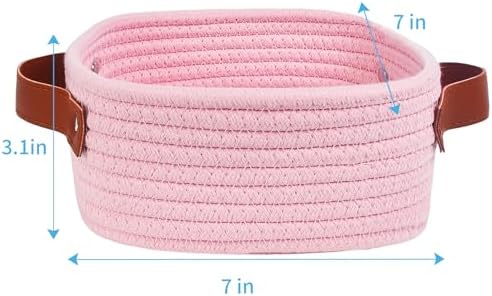 ABenkle Small Storage Basket, Mini Baskets, Cute Rope Woven Baskets for Organizing, Square Shelf Storage with Handle, Boho Decorative Toy Bin for Nursery, Spa, Empty Gift Basket - XS, Pink - Image 2