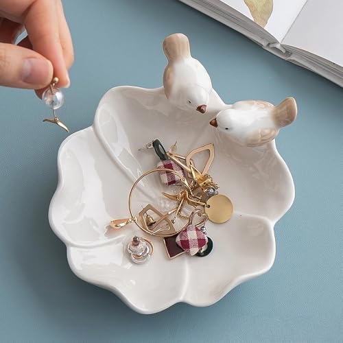 Lotus Leaf Bird Ceramic Jewelry Dish, Ring Tray for Women (White) - Image 7