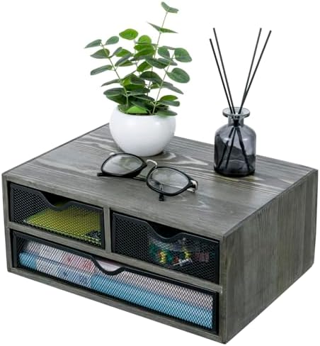 MyGift Vintage Weathered Gray Solid Wood Desktop Organizer Box with 3 Removable Black Metal Mesh Trays, Office Desk Supplies Storage Drawers for Accessories by MyGiftHome