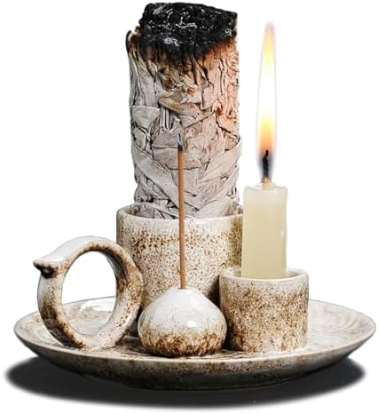 4 in 1 Ceramic Incense Burner Holder with Handle for Burning Sage, Palo Santo Stick, Joss Sticks, Candle in Your New House, Office, Yoga, Meditation Room by YIENENG