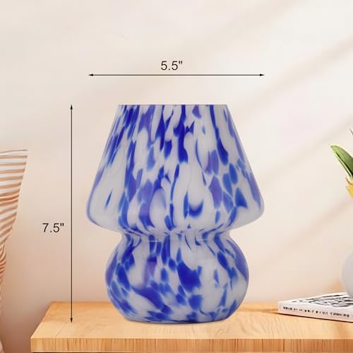 Mushroom Lamp Small Glass Table Lamp, Bedside Nightstand Lamp, Cute Desk Lamp for Bedroom, Dorm, Living Room & Kitchen, Classic Vintage Home Decor Lamp (2, Blue&White) - Image 5
