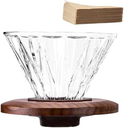 Glass Coffee Dripper with 100 pcs of Size 02 Paper Filter, Borosilicate Glass & Walnut Collar, Pour Over Coffee Maker, 1-3 Cups, Clear by Polydremio