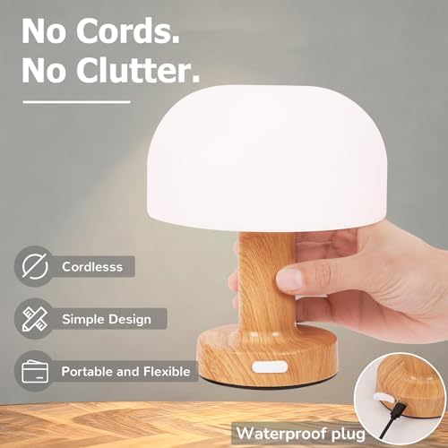 Mushroom Table Lamp - Waterproof Shower Lamps, Cordless Night Light with 3500mAh Rechargeable Battery, Stepless Dimming Desk Lamp with 3 Colors for Bedroom/Patio/Living Room - Image 5