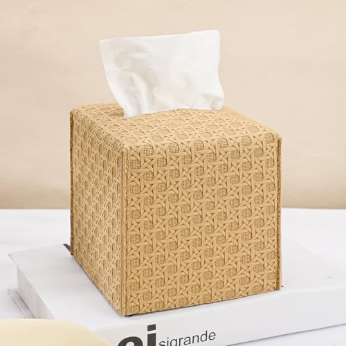 HOMOTEK 1 Pack Tissue Box Cover, Square PU Leather Tissue Holder, Decorative Facial Tissue Cube Paper Organizer Dispenser for Bathroom, Night Stands, Desk, Car 5X5X5'' - Rattan Weave, Camel by HOMOTEK