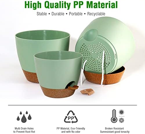 UOUZ Large Self Watering Pots, 12/10/9 Plastic Planters with High Drainage Holes and Deep Reservoir for Indoor Outdoor Garden Plants and Flowers, Green with Brown - Image 5