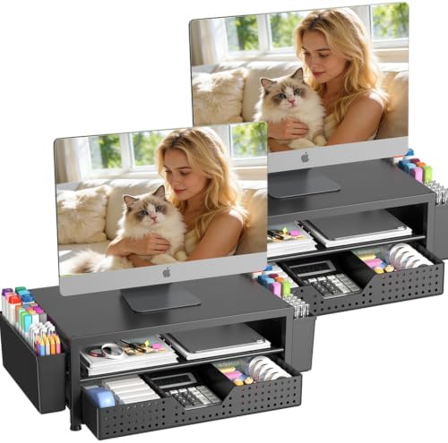 OPNICE Desk Organizers and Accessories, Computer Monitor Stand Riser with Drawer and 2 Pen Holders, Printer & Laptop Stand, Office Desk Accessories & Workspace Organizers for Home Office Supplies, Black 2-Pack by OPNICE