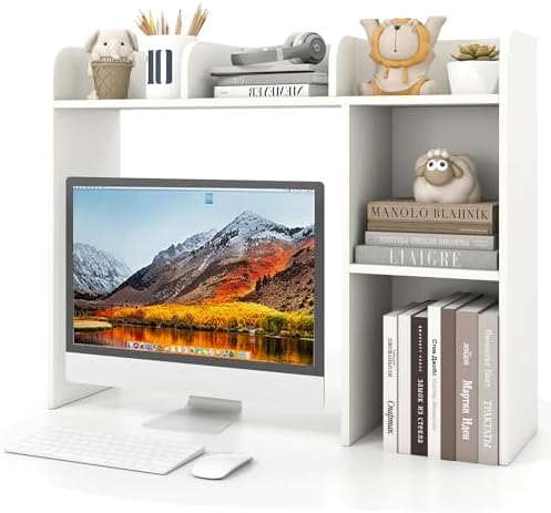 GIANTEX Desktop Bookshelf, Wood Desk Hutch Organizer for 27 Inch Computer Monitor, Countertop Storage Display Rack with 5 Shelves, Multipurpose Desktop Shelf Bookcase for Dorm Office Home, White by Giantex