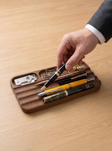 Horizontal Pen Holder,Acacia Wood Pen Tray,Desktop Pen Display,Walnut Desk Tray,Paperclip Headphones Eraser Office Stationery Storage,Brown - Image 3
