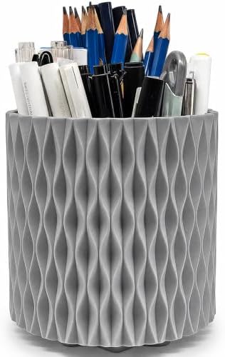 Lebenrich Rotating Pen Pencil Holder for Desk, 5 Slots Unique Grey Desk Pen Organizer Easthetic Desktop Supplies and Accessories for Women Girls, Pen Cup Pencil Caddy for Office Home Art Supply by Lebenrich