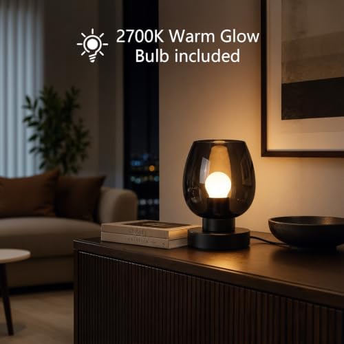 ONEWISH Touch Bedside Table Lamp, 3-Way Dimmable, Globe Glass Shade, 7.5 Inch Ultra Compact Nightstand Lamp, Warm White 2700K LED Bulb Included, Modern Design(Black) - Image 5