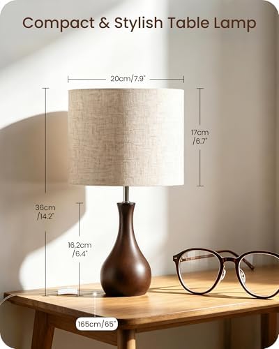 Small Table Lamp, 14.2" Cute Little Desk Lamp, Wood Bedside Lamp with Linen Lampshade, Modern Nightstand Lamp for Bedroom, E26 Base, Bulb Not Included, Beige & Dark Walnut STE09TL05 - Image 5