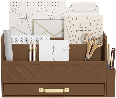 Bamboo Mail Organizer Countertop Pen Holder Wooden Desktop Storage Drawers by WISUCART