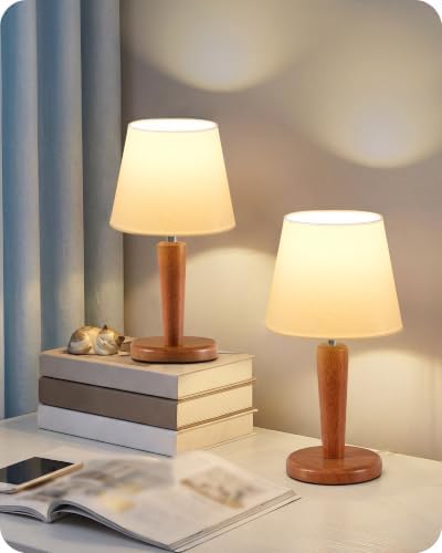 12" Wood Bedside Table Lamps Set of 2, Small Desk Lamps for Small Places, 3 Color Temperatures with Memory, White Linen Shade & E26 Bulbs, for Bedroom Living Room Office LW13TLP205 by GOEBLESON