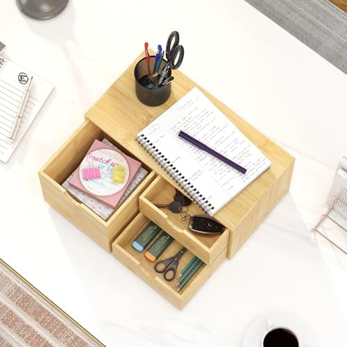 Bamboo Desk Organizer with Drawers, Desktop Storage Box for Office Supplies - Image 2