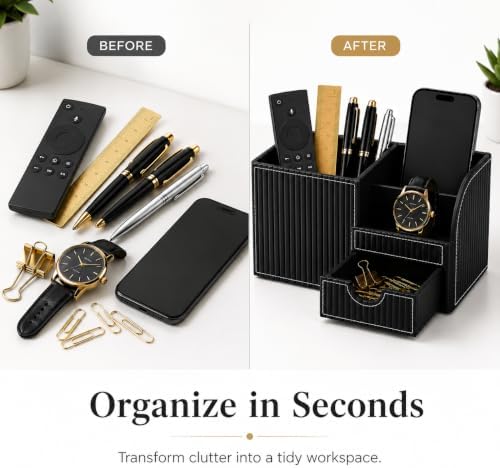 KINGFOM Executive Leather Desk Organizer with Drawer, Modern Black Desk Accessories for Men, Premium Office Desk Organizer with Pen Holder & Storage Compartments for Home Office - Image 6