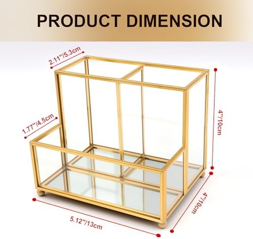 Glass Pen Holder for Desk,Gold Pencil Holder with 3 Compartments,Small Desk Organizer for Pens/Pencils/Sticky Notes,Stylish Clear Pen Organizer for Home Office Desk - Image 3