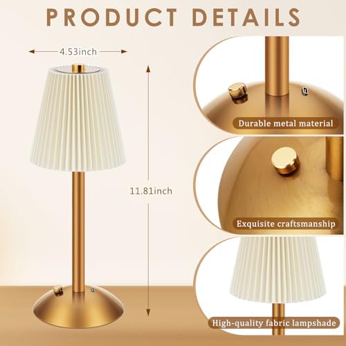 Liliful 2 Pcs Cordless Table Lamp LED Touch, Gold, Beige Cloth Style - Image 2