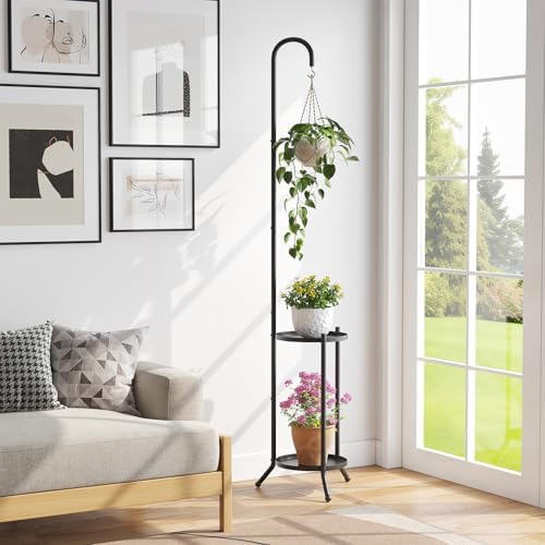 2-Tier Metal Plant Stand with Hanging Hook, Indoor Outdoor Plant Shelf,Heavy Duty Plant holder Rustproof Iron Multiple Plant Round Supports Rack for Planter Corner Garden Balcony Patio (Black) - Image 2