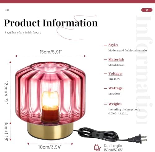 touch Table lamp Gold table lamps Mid Century Modern lamp nightstand lamp small vintage desk lamp metal table lamp with Purple Glass Ribbed shade Bedside table light for end table Bedroom Living Room - Image 3