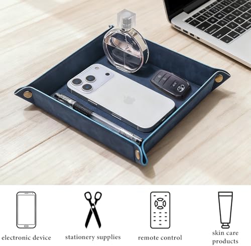 Valet Tray Desktop Storage Organizer – Premium PU Leather Catchall Bedside Vanity Tray Nightstand Caddy Holder for Remote Controller, Keys, Phone, Wallet, Coin, Jewelry,Blue - Image 5