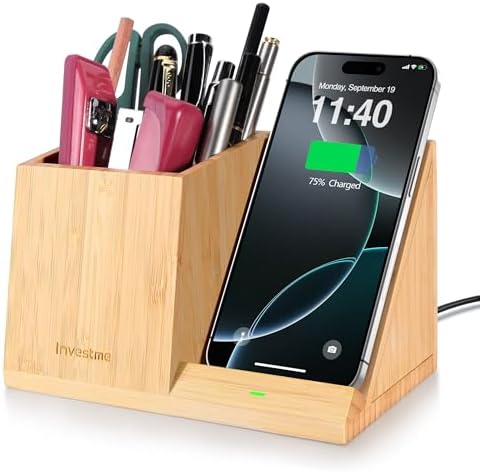 3-in-1 Bamboo Wireless Charger with Desk Organizer, Pen Holder for Desk by Investme