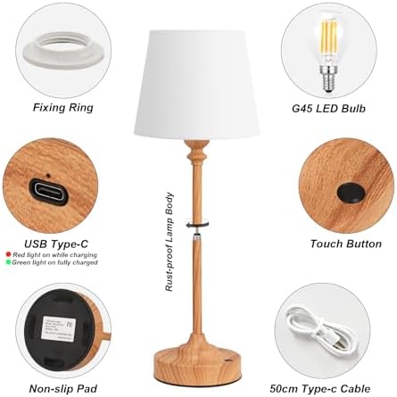 Kakanuo Cordless Table Lamps Rechargeable Set - 2 Pack Wooden 4000mAH Battery Operated Lamps for Decor, 3000K Stepless Dimming Touch Control Wireless Lamps for Bedroom, Dining Table - Image 5