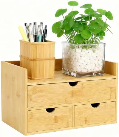 Desk Organizer with Drawers - Bamboo Desktop Organizer for Office Home Makeup Vanity Shelf, Stackable Storage Drawers Box for Desk Organization, No Assembly Required by QIAMBAMDAY