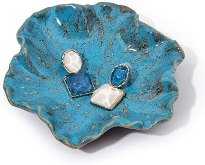 Ceramic Jewelry Dish - Petal Shaped Ring Holder & Key Bowl, Handcrafted Decorative Bowl for Vanity, Dresser, or Entryway, Cute Room Decor & Unique Gift for Women (Kiln Turned Blue) by Denovin