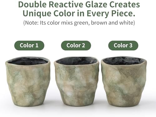 Modern Irregular Ceramic Planter Set of 4, 4 Inch Small Unique Reactive Glaze Flower Pots with Drainage Holes & Saucers - Indoor Outdoor Decorative Succulent Orchid Pots- Light Green - Image 2