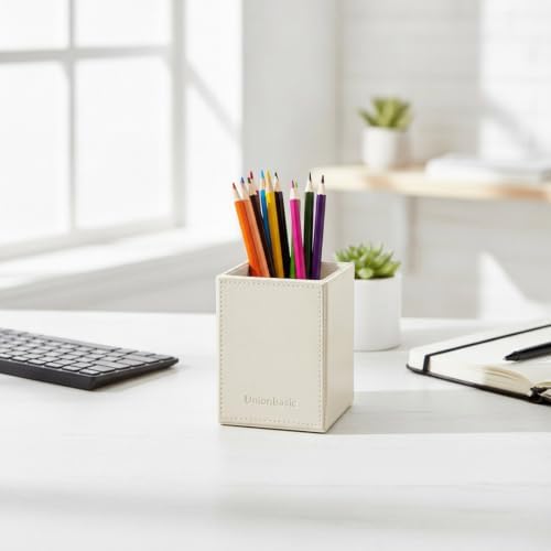 UnionBasic Square Pen Holder, Leather Pencil Cup, Desktop Caddy Stationery Organizer, Creamy White - Image 3