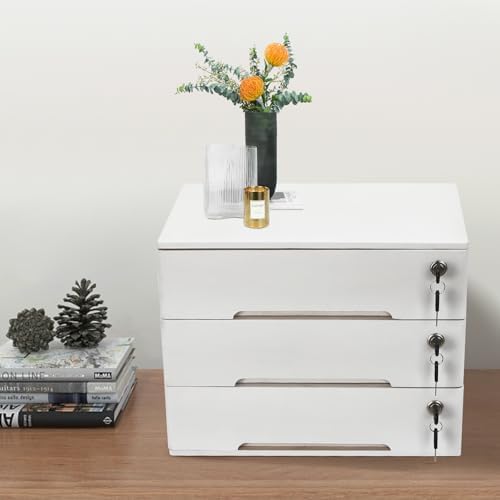 Wooden Desktop Storage Box with Lockable Drawers, Flat File Cabinet Drawer Desktop Storage Box, Countertop Storage Cabinet for Office Home Toiletries Supplies Vanity (White, 3 Drawer) - Image 2