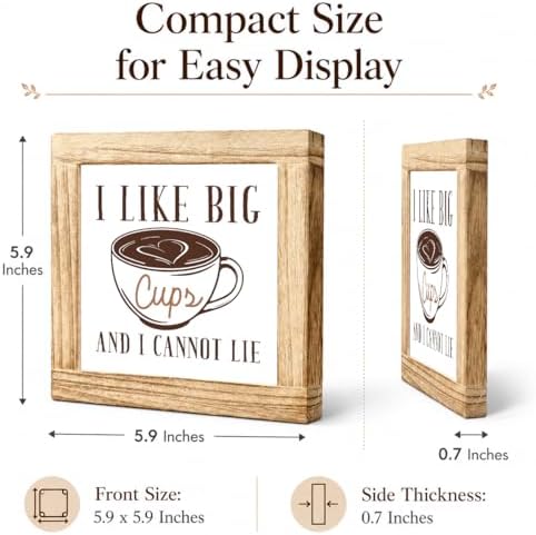 Coffee Wooden Plaque, I Like Big Cups and I Cannot Lie, Funny Kitchen Coffee Sign, Brown Latte Art Decor Accent, Rustic Counter Display For Pantry Shelf Breakfast Bar, 5.9 x 5.9 in - Image 2