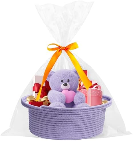 Pro Goleem Small Woven Basket with Gift Bags and Ribbons Durable Baskets for Gifts Empty Small Rope Basket for Storage 12"X 8" X 5" Baby Toy Basket with Handles, purple - Image 4