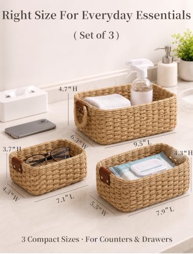Small Wicker Baskets, 3 PCS Paper Rope Baskets for Shelves, Brown - Image 2
