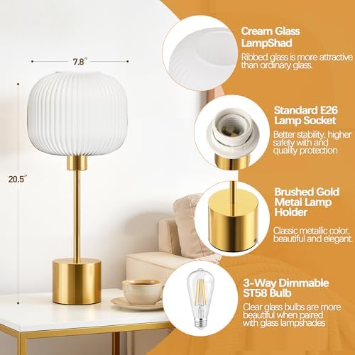 QiMH Glass Table Lamp for Living Room, Modern Bedside Lamp with Gream Ribbed Glass Shade, 3-Way Dimmable Touch Control Nightstand Lamp for Bedroom, Brushed Gold (2700K LED Bulb Included) - Image 4
