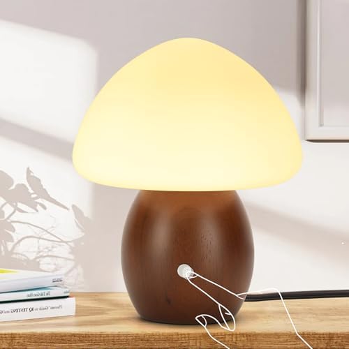 Mushroom Lamp with Touch Control Switch, Small Wooden Table Lamp with Glass Shade, 3 Way Dimmable Nightstand Lamp for Bedroom, G9 LED Bulb Included (Walnut Color&Opal White Glass Shade) by Unknown