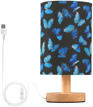 Fustylead Vibrant Flying Blue Butterflies Bedside Table Lamps with USB Port for Bedroom Lamp Accent Table Lamp Small Nightstand Lamp Sturdy Linen Shade Wooden Base Decorative Lamps for Home|Kids|Dome by Fustylead
