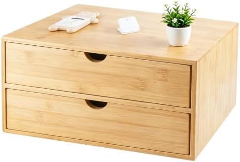 Charmewooden Bamboo Desk Organizer with Drawers, Countertop Organizer with Drawers Makeup Storage Drawer 2 Drawers Tabletop Storage Organization Box Home Office Workspace Bathroom Toiletries Supplies by Charmewooden