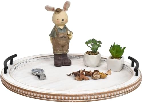 SwallowLiving 18Inch White Wooden Beaded Serving Tray with Handle Decorative Rustic Whitewashed Tray for Coffee Table Farmhouse Round Tray for Kitchen, Living Room and Bedroom by SwallowLiving