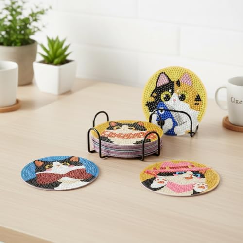 TCDZMYGS 8 Pcs Diamond Art Coasters Kit, Cute Cat Diamond Painting Coasters Kits for Adults, 5D Full Drill Diamond Dot Gem Art Craft Kit with Holder, Fun DIY Non Slip Coaster for Home Decor - Image 6
