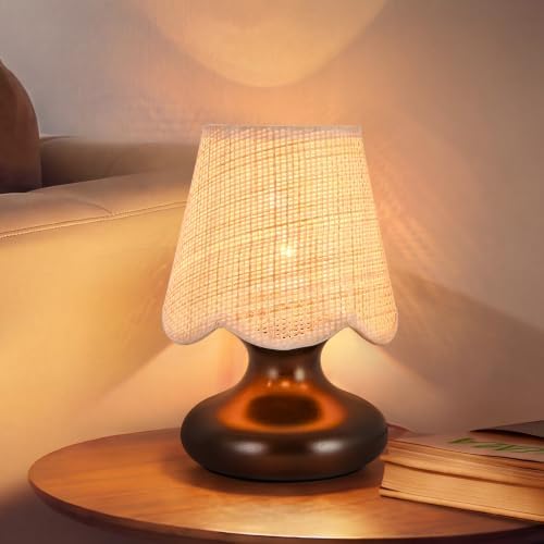 TAKEGO Small Table Lamp with Wooden Base, Rattan Lamp Shade Mini Bedside Wood Lamp, Viantage Farmhouse Table Lamp, Mini Nightstand Light for Kitchen Counter, Bookshelf Lamp, Living Room, Dorm, Office - Image 2