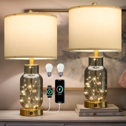 Oneach 22" Glass Table Lamps Set of 2 with LED Nightlight for Bedroom, Gray by Oneach