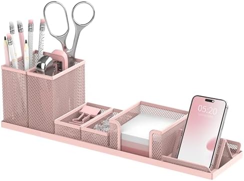 Pen Holder for Desk, 6-Piece Mesh Desk Organizer with Phone Holder, Pink by SUPEASY