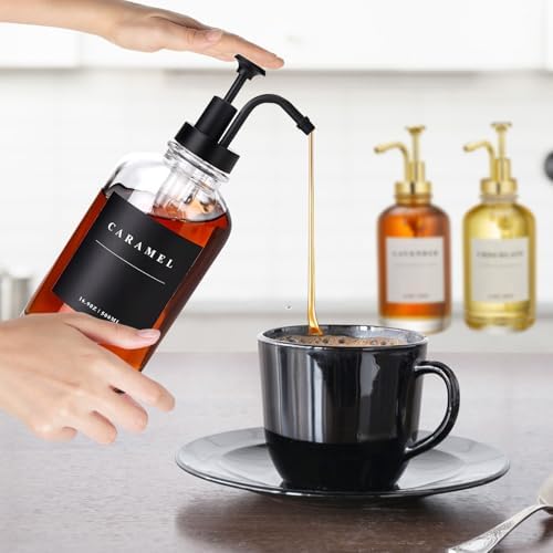 Coffee Syrup Dispenser for Coffee Bar, Coffee Syrup Pump Dispenser, Glass Syrup Bottle with Black Upgraded Pump, 4 Pack 16.9 oz 500 ml Syrup Dispensers, 28 Labels and Large Bamboo Tray - Image 5
