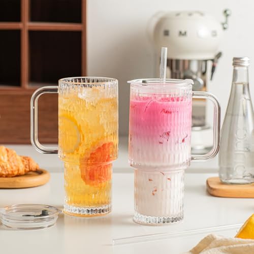 INSETLAN 24 oz Raindrop Glass Tumbler with Handle and Lid, Set of 2 – Reusable Iced Coffee Cups with Lids, Clear Glass Cups with Straw for Coffee, Smoothies, Tea, Juice – Perfect for any Occasion - Image 3